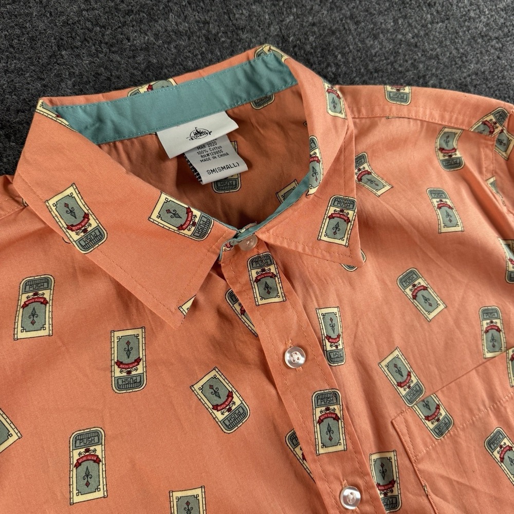 Disney World men's Main Street Trash Can short sleeve shirt S EUC Peach Orange